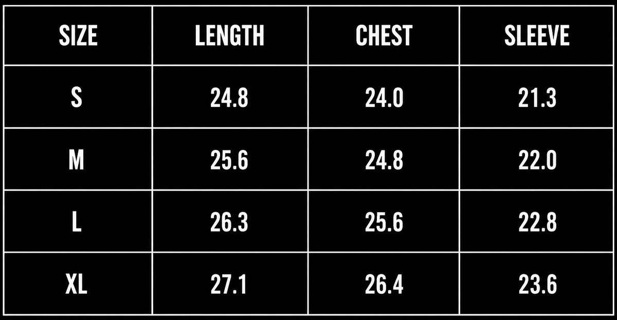 Blood Oath Check Shirt Size Chart (Inches)