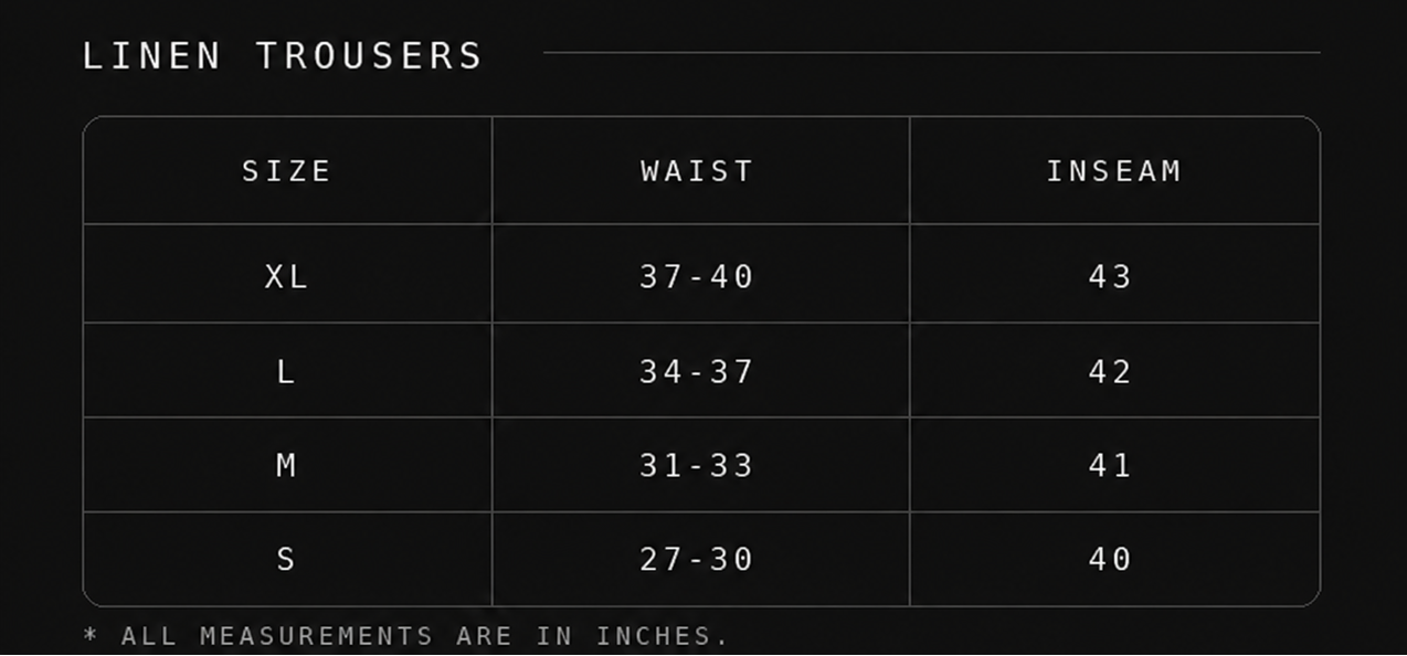 Pleated Linen Trousers Size Chart (Inches)
