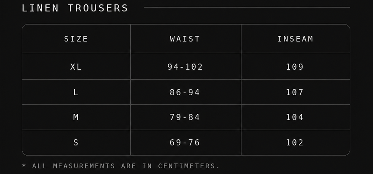 Pleated Linen Trousers Size Chart (CM)