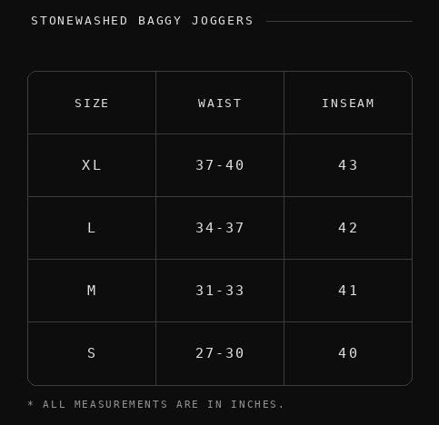 Patched Out Baggy Joggers Size Chart (Inches)
