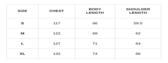 Zero Face Hoodie Size Chart (CM)