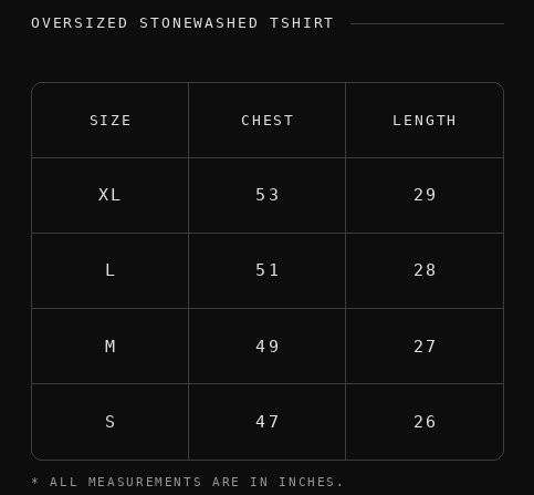 Realized Oversized Stonewashed T-shirt Size Chart (Inches)