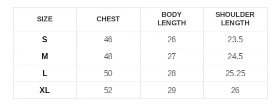 Zero Face Hoodie Size Chart (Inches)